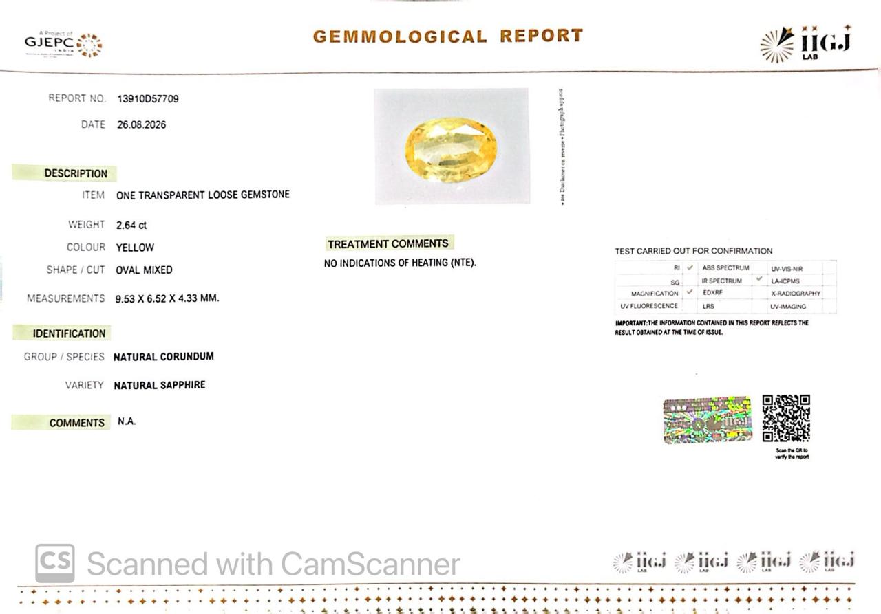 Natural Yellow Sapphire (Pukhraj) 2.64 CT - Certified