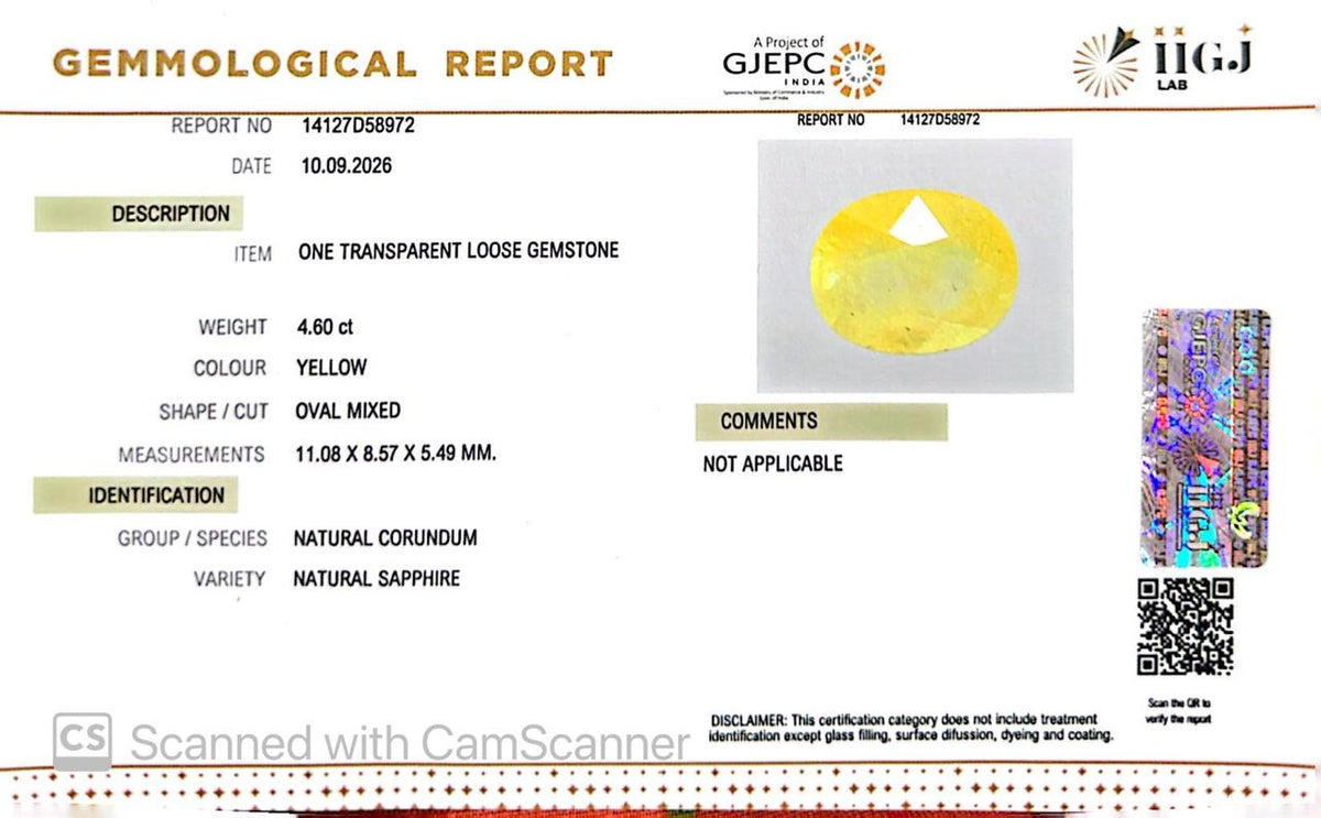 Natural Bangkok Yellow Sapphire (Pukhraj) 4.60 Ct – Certified Gemstone