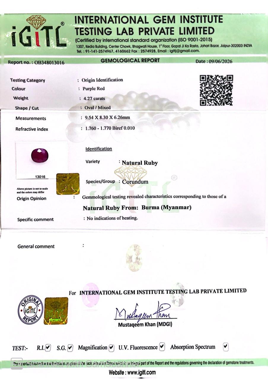 Natural Burma Ruby (Manik) 4.27 CT Certified