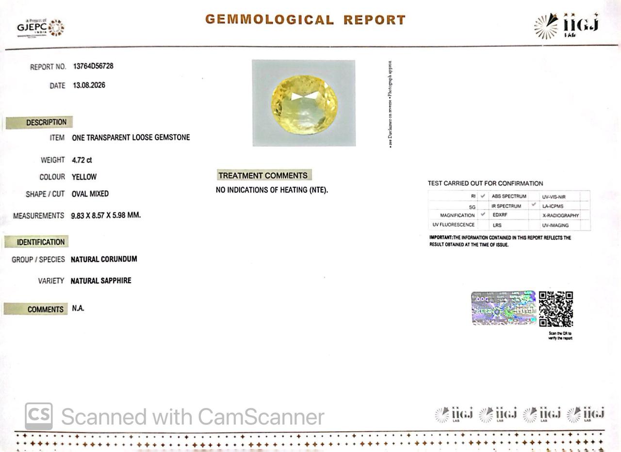 Natural Yellow Sapphire (Pukhraj) 4.72 CT - Certified