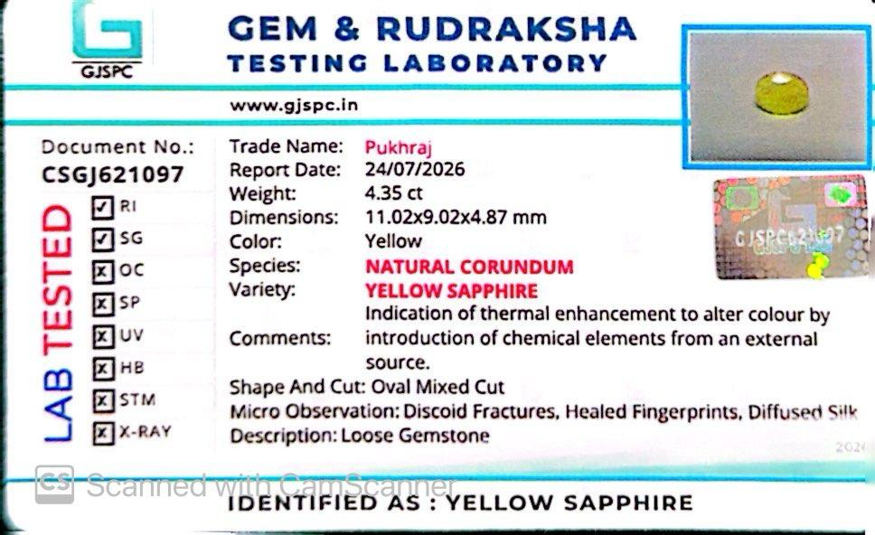 Natural Yellow Sapphire (Thailand) – Prosperity, Wisdom & Jupiter’s Blessing 4.35 CT