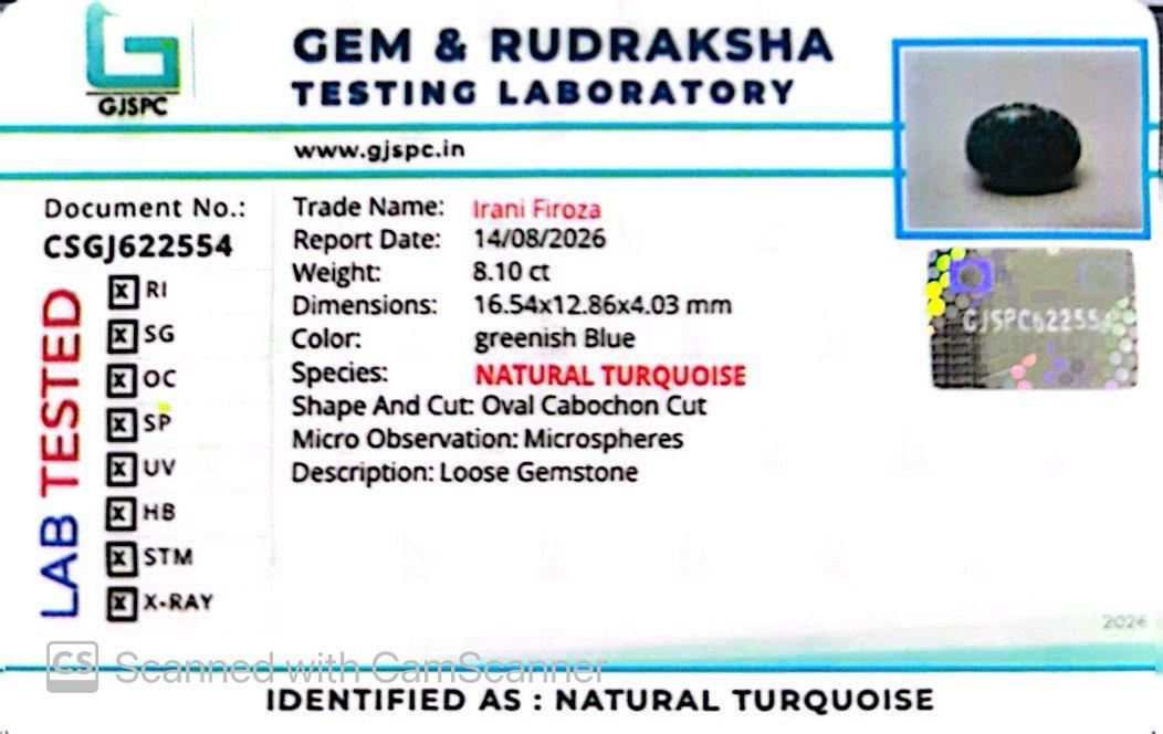Natural Firoza (Turquoise) 8.10 CT – Certified Gemstone