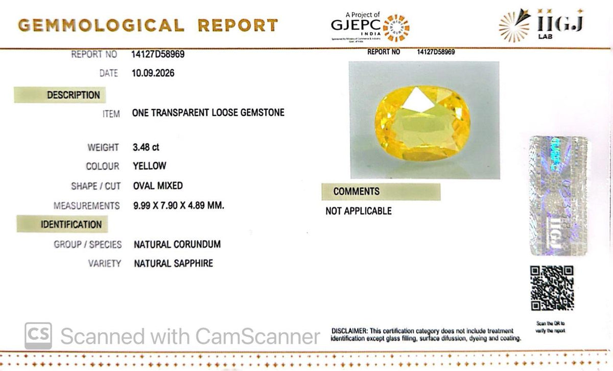 Natural Bangkok Yellow Sapphire (Pukhraj) 3.55 Ct – Certified Gemstone