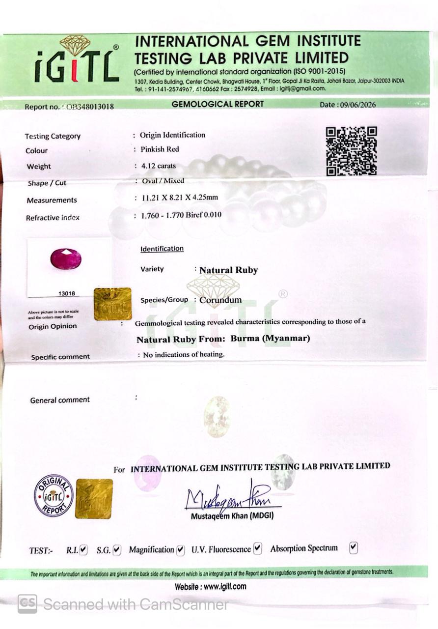 Natural Burma Ruby (Manik) 4.12 CT Certified