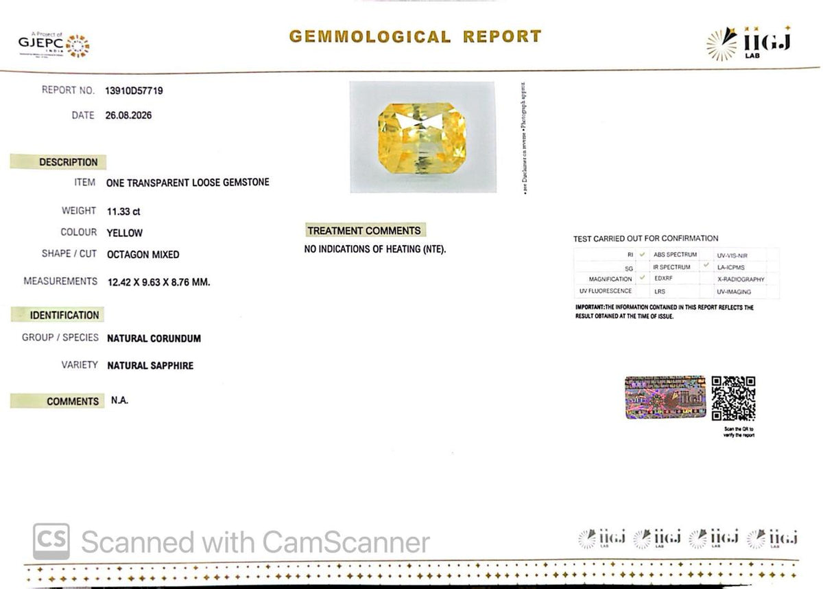 Natural Yellow Sapphire (Pukhraj) 11.33 CT - Certified