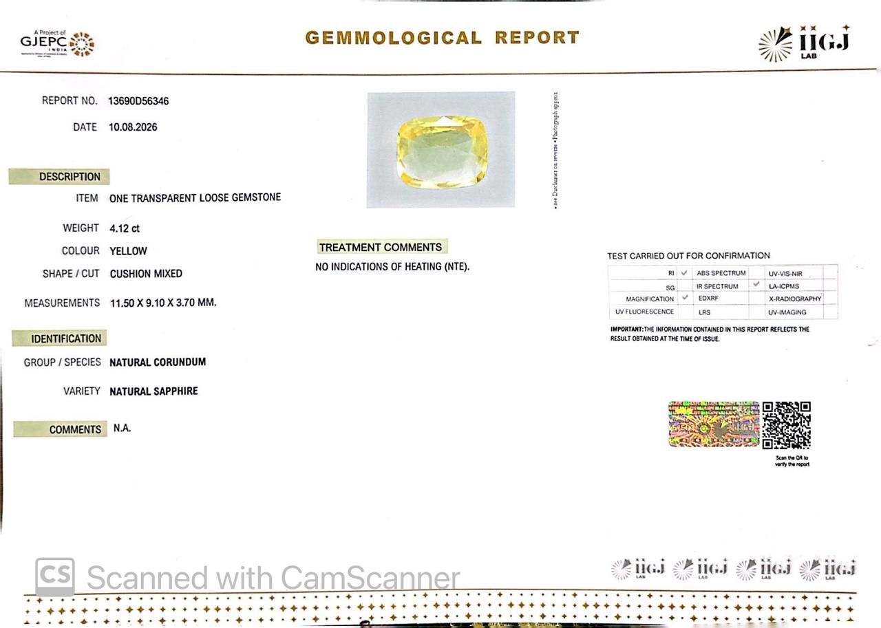 Natural Yellow Sapphire (Pukhraj) 4.12 CT - Certified
