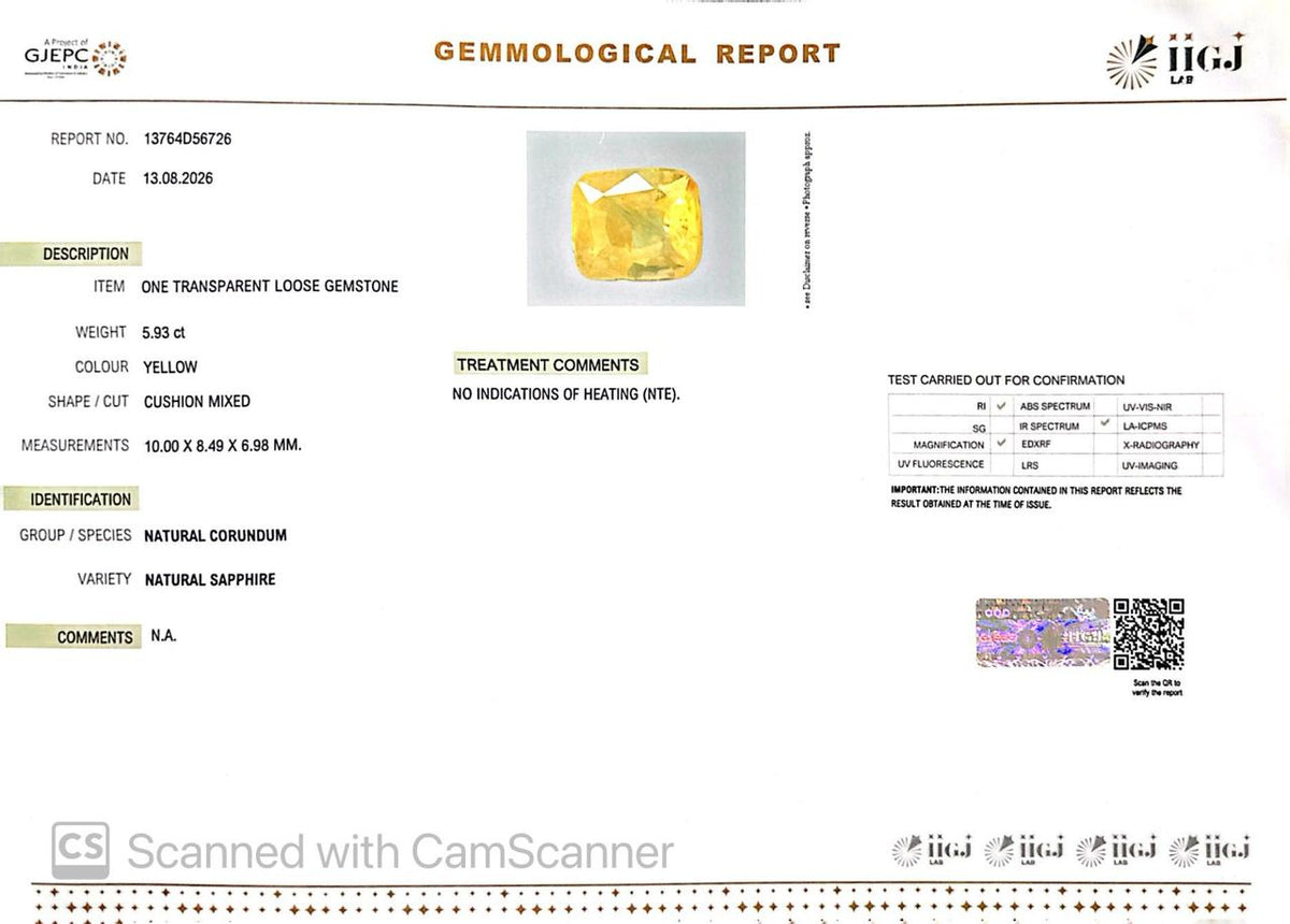 Natural Yellow Sapphire (Pukhraj) 5.93 CT - Certified