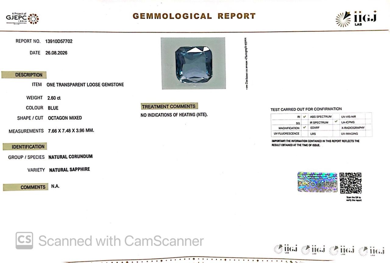 Natural Blue Sapphire 2.60 Ct โ Certified