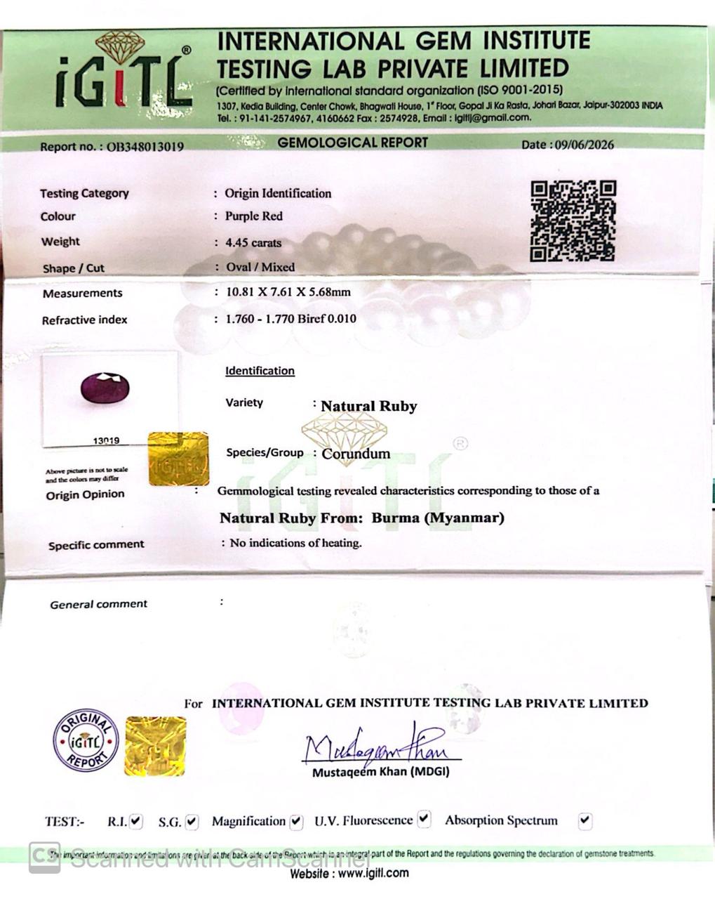 Natural Burma Ruby 4.45 Ct – Certified Gemstone