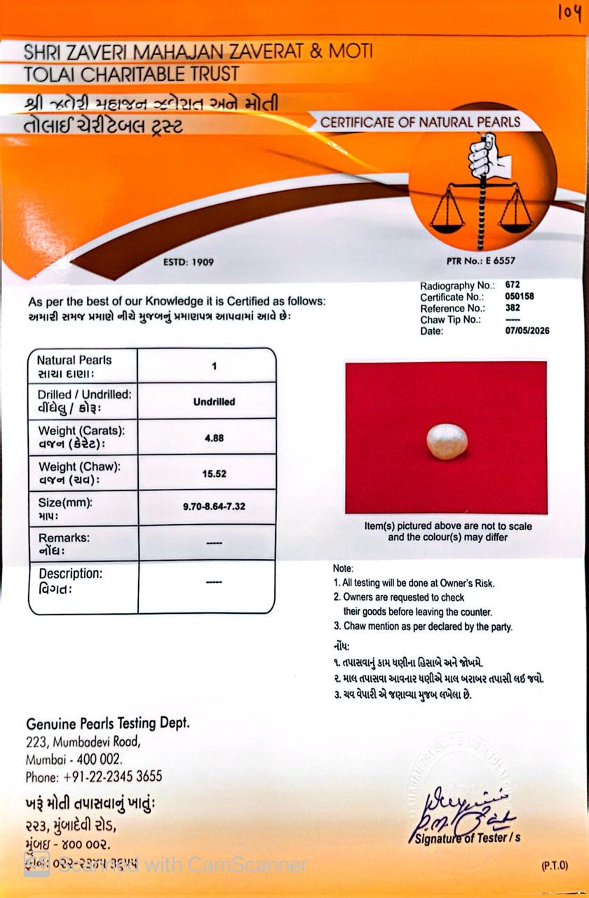 Basra Real Pearl 4.88 Ct β Certified Gemstone