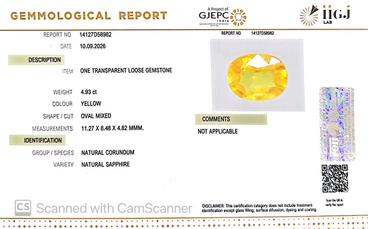 Natural Bangkok Yellow Sapphire (Pukhraj) 4.93 Ct – Certified Gemstone