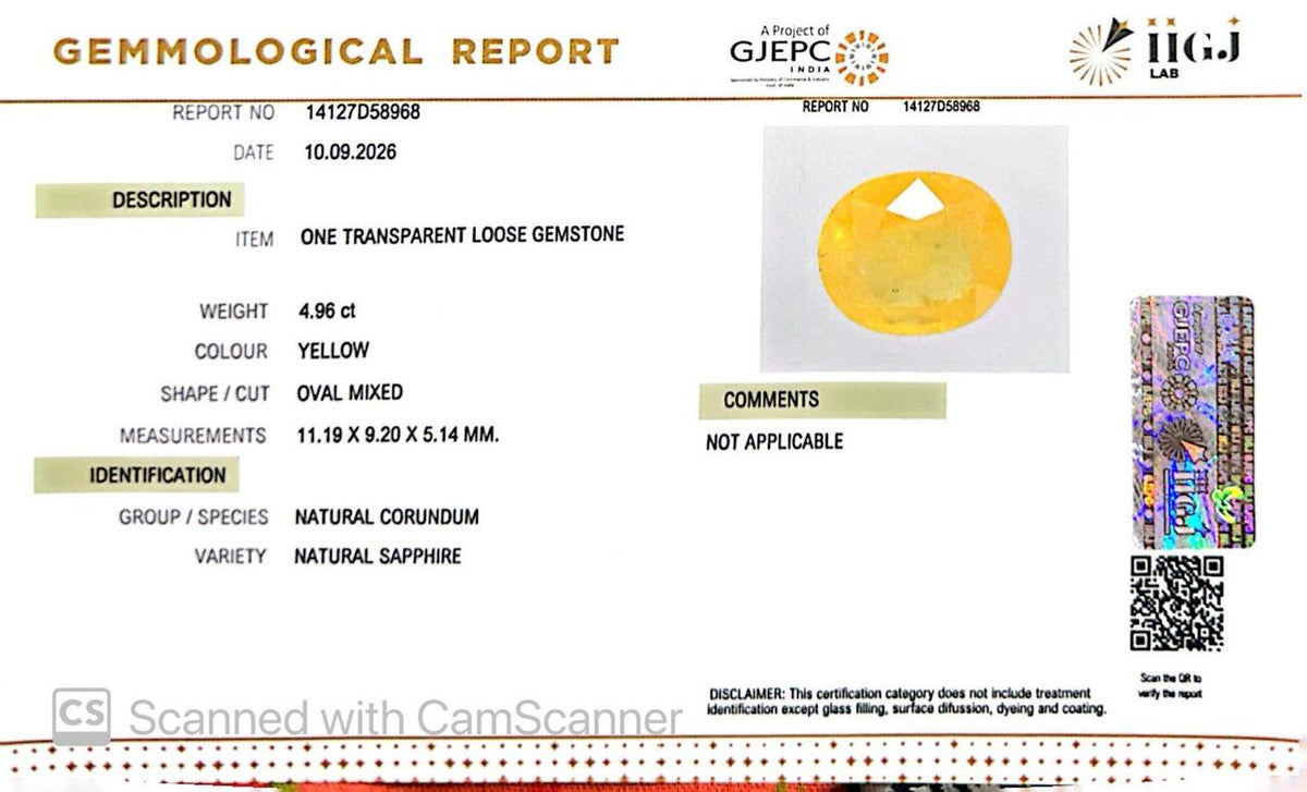 Natural Bangkok Yellow Sapphire (Pukhraj) 4.96 Ct – Certified Gemstone