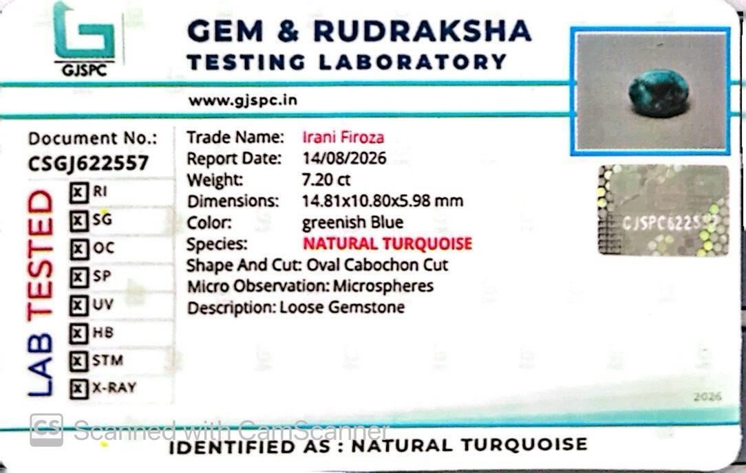 Natural Firoza (Turquoise) 7.20 CT – Certified Gemstone