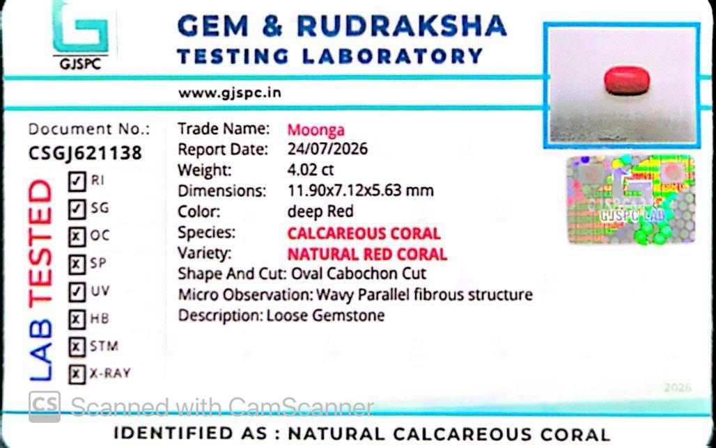 Natural Red Coral (Moonga) – Italy Origin – Certified & Untreated Gemstone for Mars Energy 4.02 CT