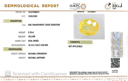 Natural Bangkok Yellow Sapphire (Pukhraj) 3.19 Ct – Certified Gemstone