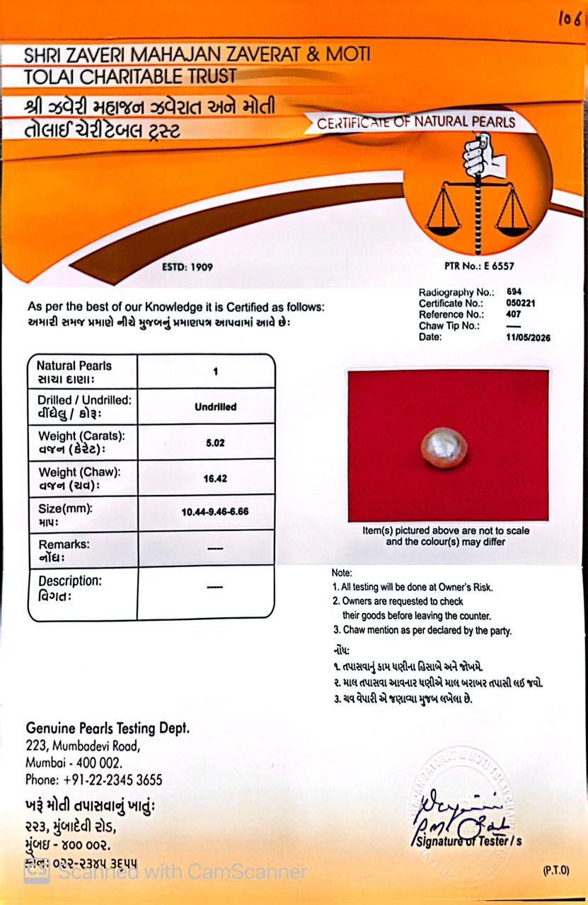 Basra Real Pearl 5.02 Ct β Certified Gemstone
