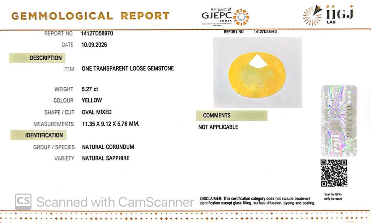Natural Bangkok Yellow Sapphire (Pukhraj) 5.27 Ct – Certified Gemstone