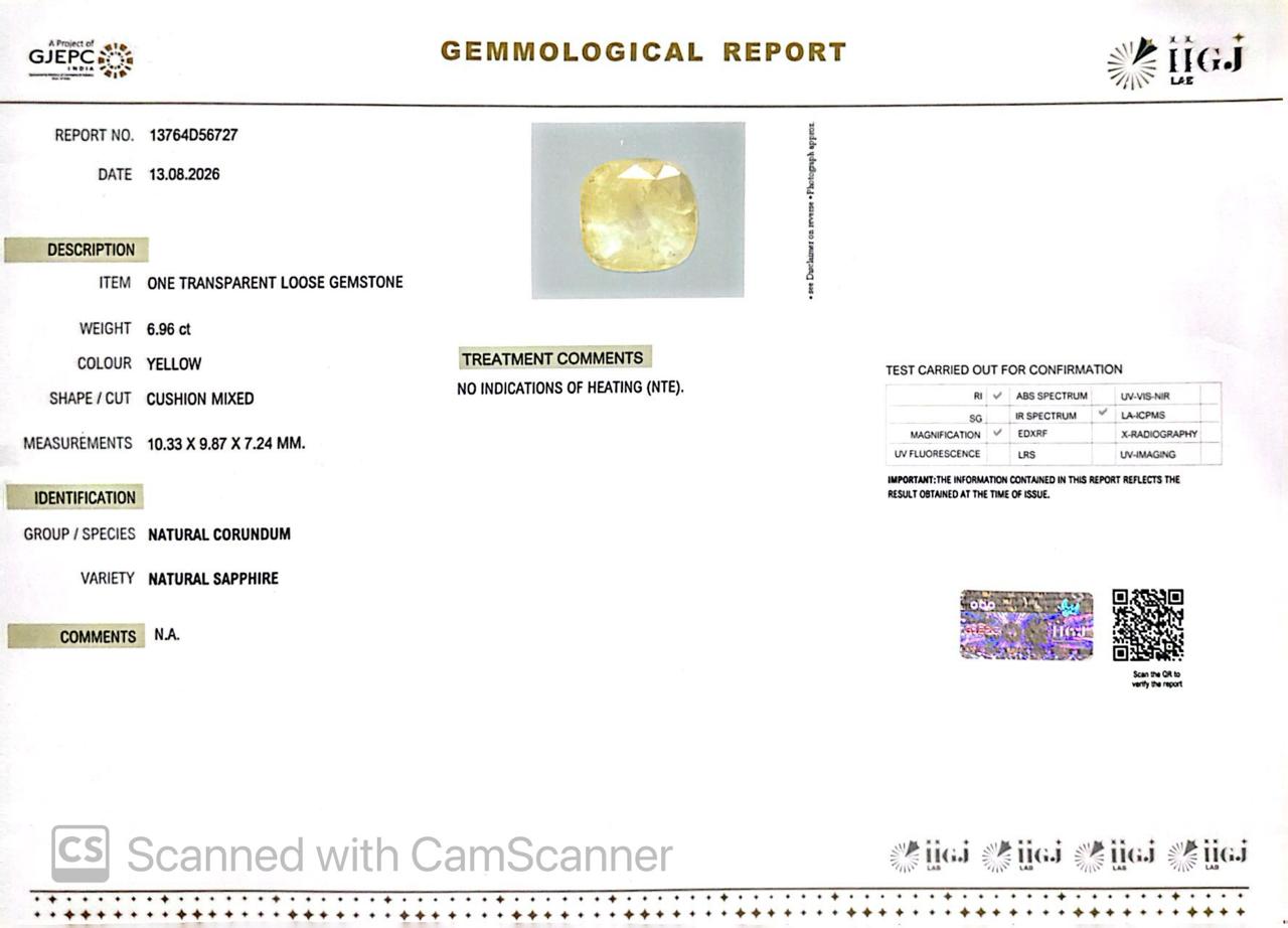 Natural Yellow Sapphire (Pukhraj) 6.96 CT - Certified