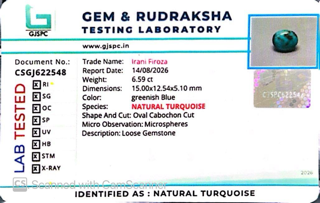 Natural Firoza (Turquoise) 6.59 CT – Certified Gemstone