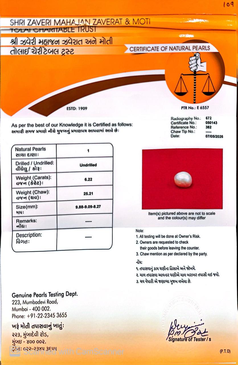 Basra Real Pearl 6.22 Ct β Certified Gemstone