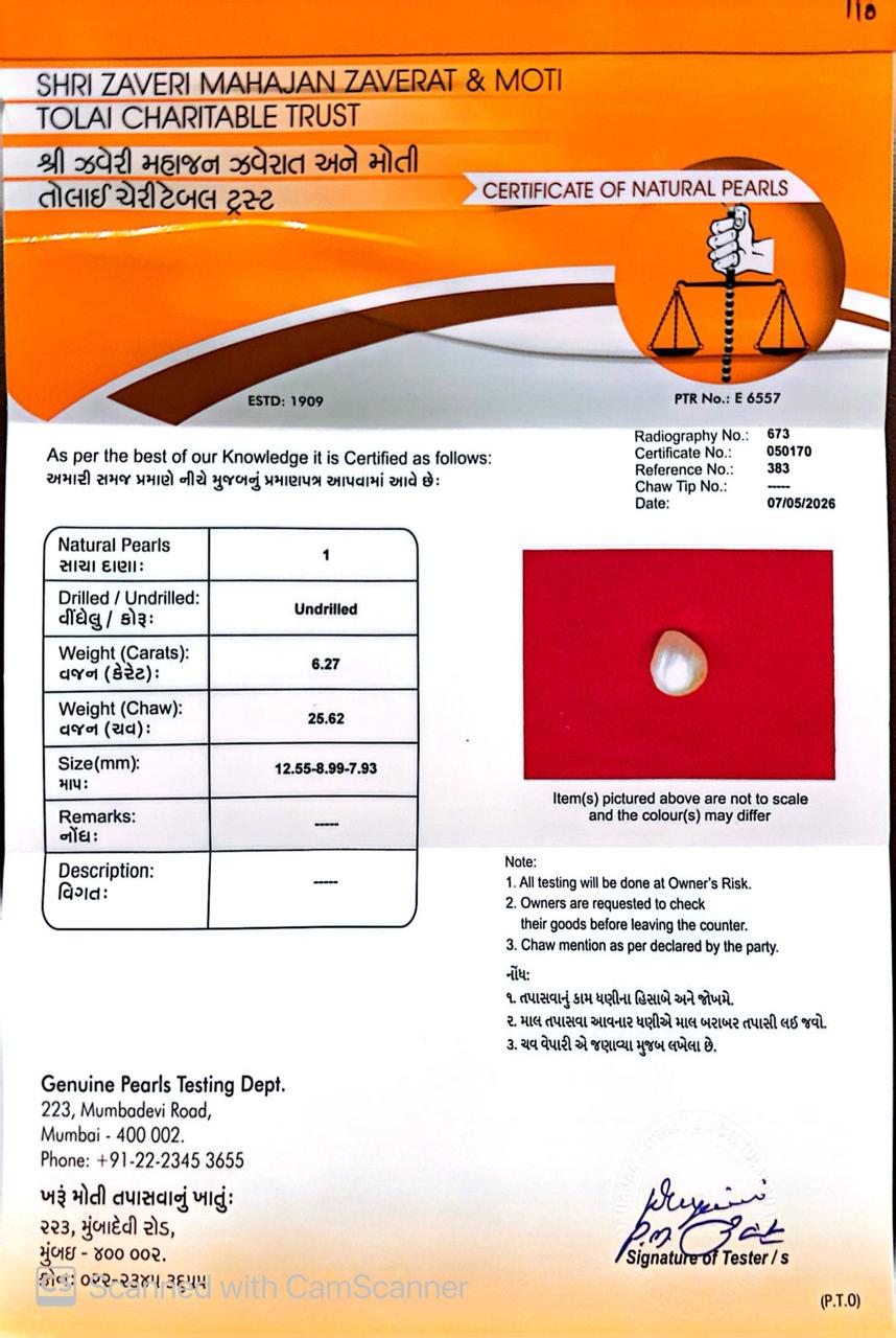 Basra Real Pearl 6.27 Ct β Certified Gemstone