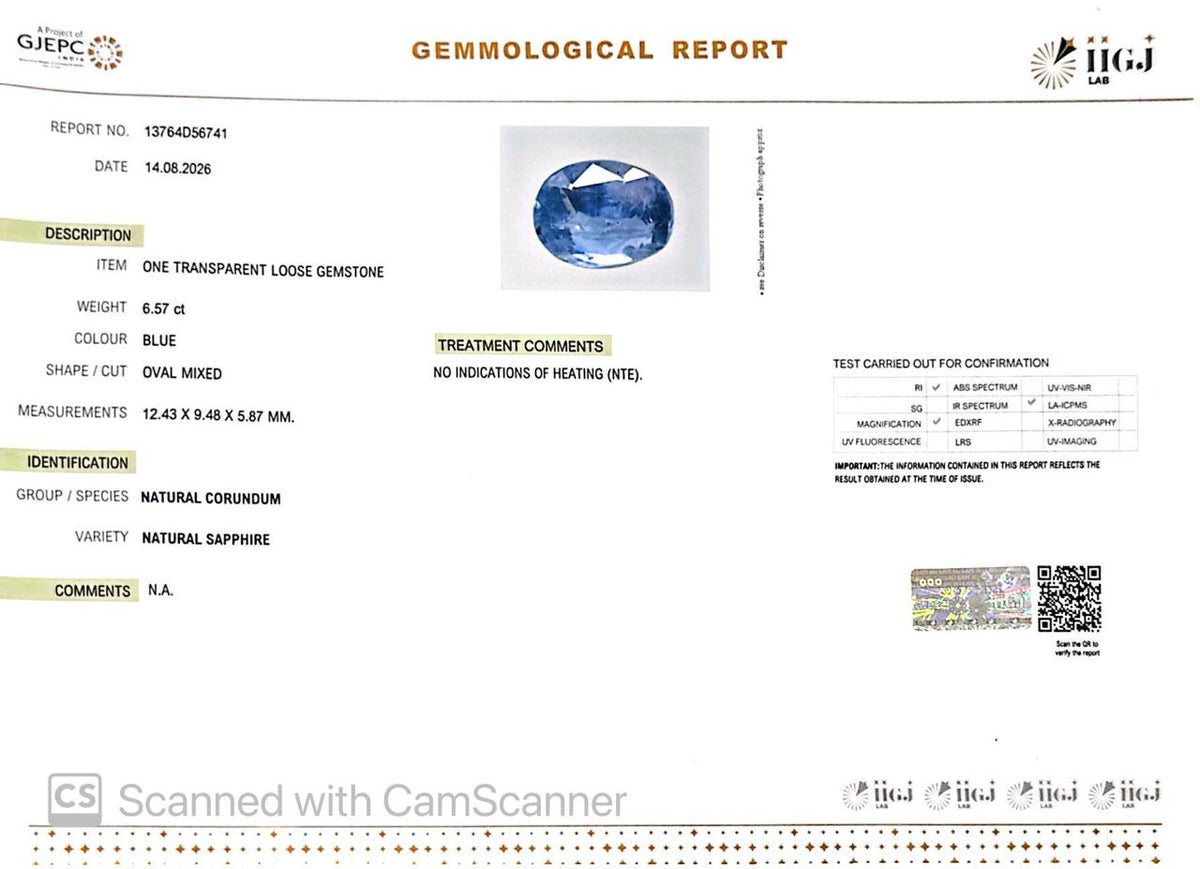 Natural Blue Sapphire (Neelam) 6.57 Ct ā Certified Premium Gemstone