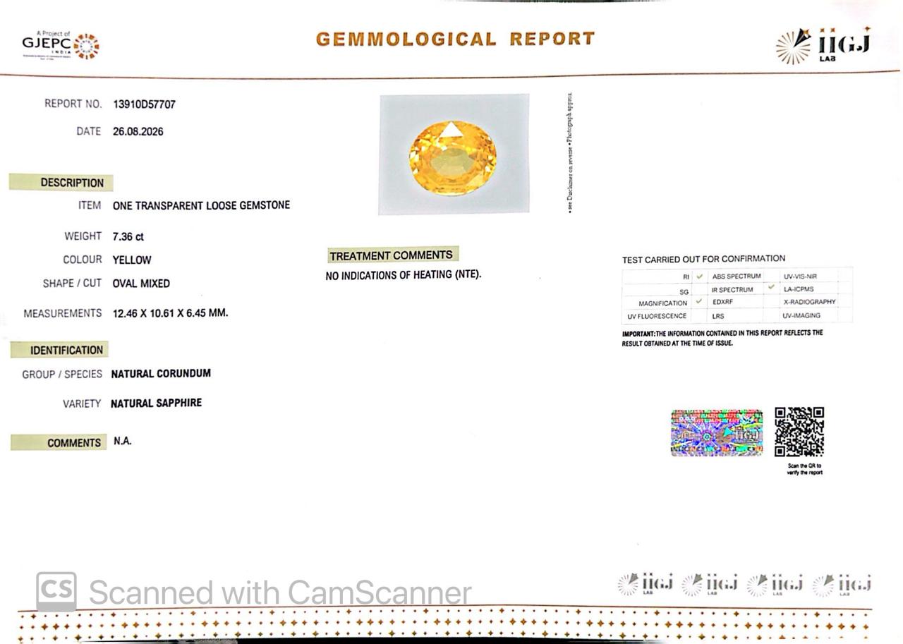 Natural Yellow Sapphire (Pukhraj) 7.36 CT - Certified
