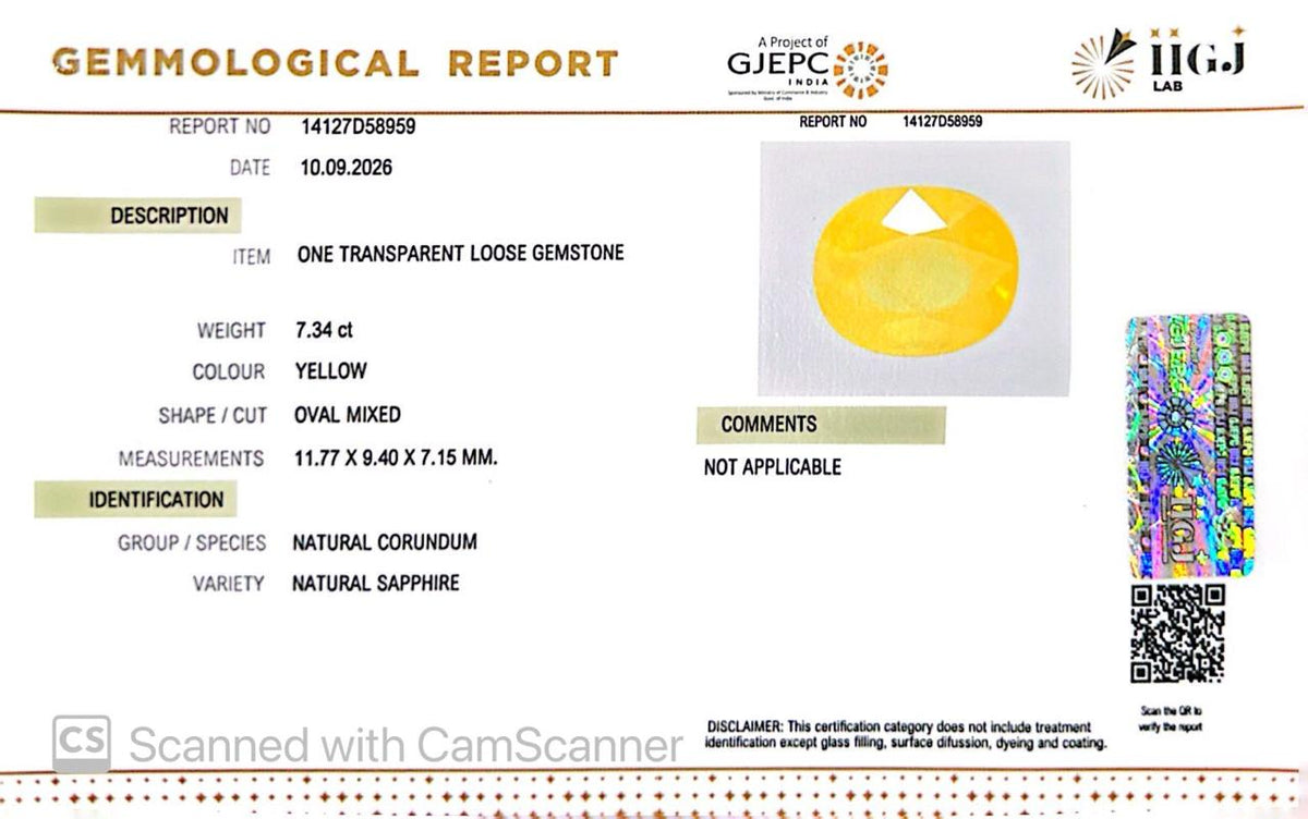Natural Bangkok Yellow Sapphire (Pukhraj) 7.34 Ct – Certified Gemstone