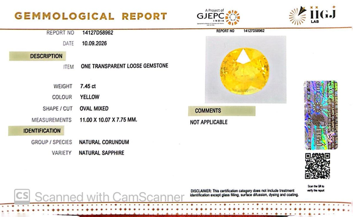 Natural Bangkok Yellow Sapphire (Pukhraj) 7.45 Ct – Certified Gemstone