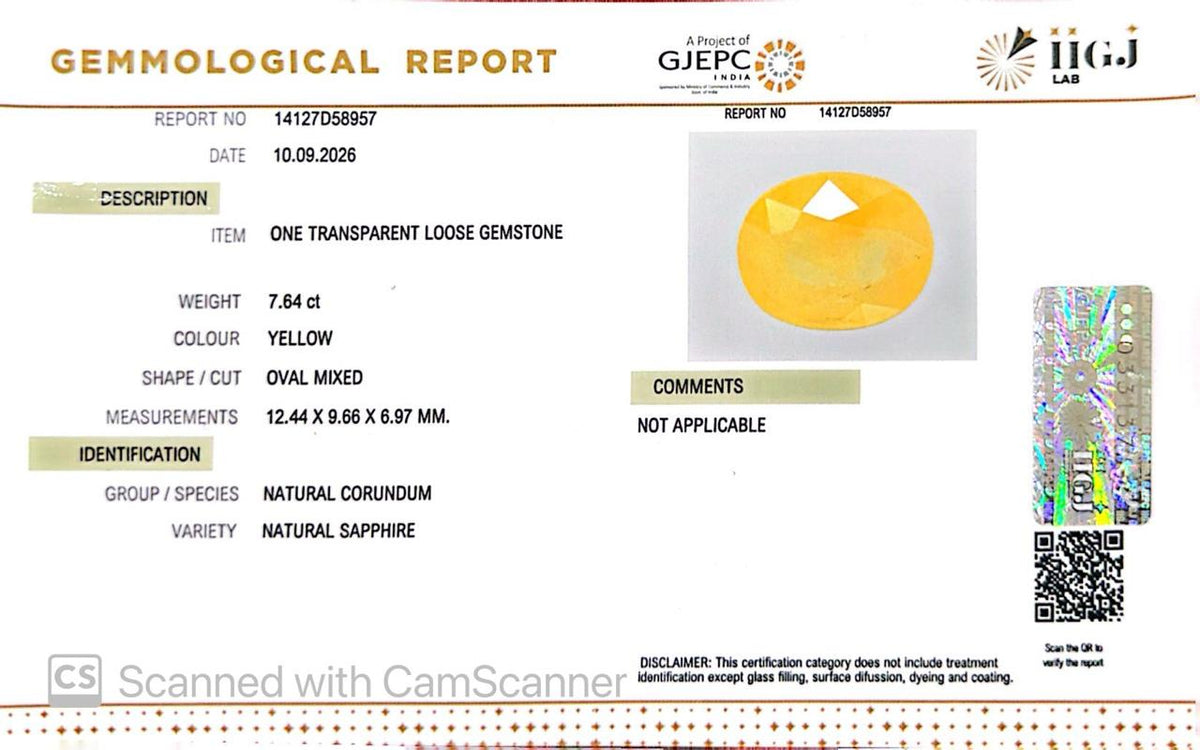 Natural Bangkok Yellow Sapphire (Pukhraj) 7.64 Ct – Certified Gemstone