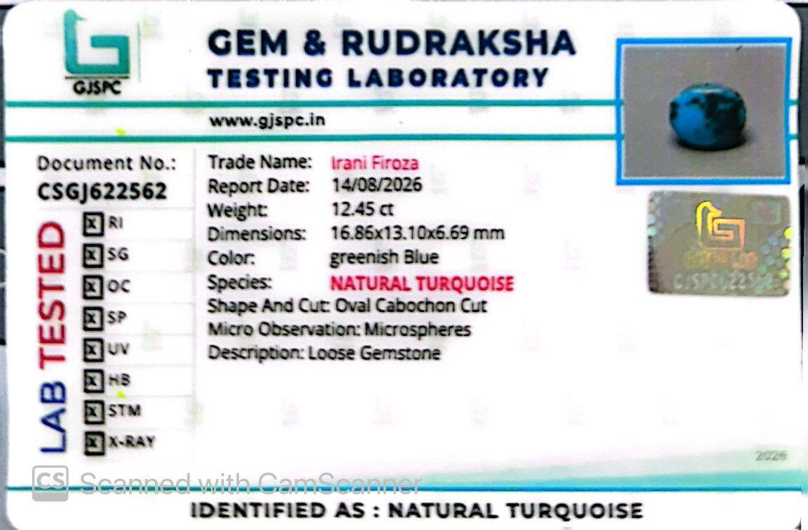 Natural Firoza (Turquoise) 12.45 CT – Certified Gemstone