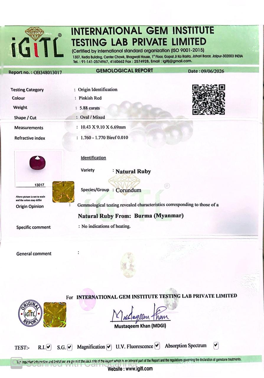 Natural Burma Ruby (Manik) 5.88 CT Certified