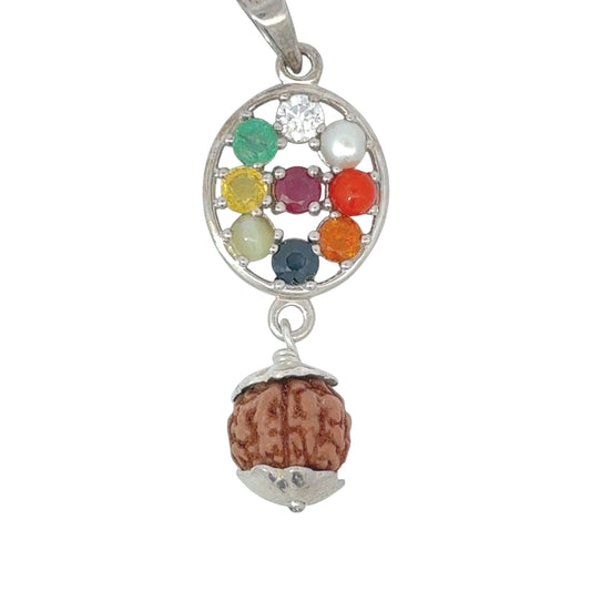 NATURAL NAVRATAN SILVER PENDANT WITH RUDRAKSH-Represents the nine celestial planets, bringing balance and harmony.