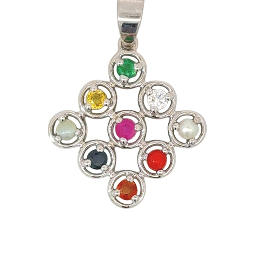 NATURAL NAVRATAN SILVER PANDENT -Represents the nine celestial planets, bringing balance and harmony.