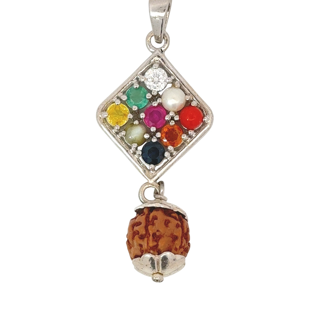 NATURAL NAVRATAN SILVER PANDENT WITH RUDRAKSH -Represents the nine celestial planets, bringing balance and harmony.