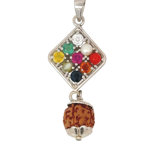 NATURAL NAVRATAN SILVER PANDENT WITH RUDRAKSH -Represents the nine celestial planets, bringing balance and harmony.