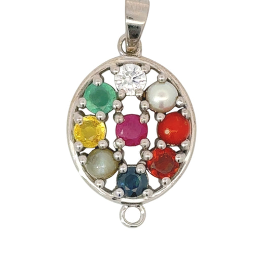 NATURAL NAVRATAN SILVER PANDENT -Represents the nine celestial planets, bringing balance and harmony.
