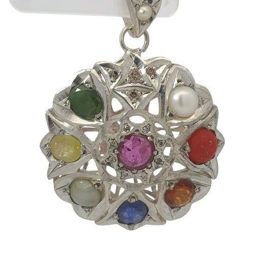 Natural Navratan Silver Pendant – Nine Gems, One Powerful Symbol