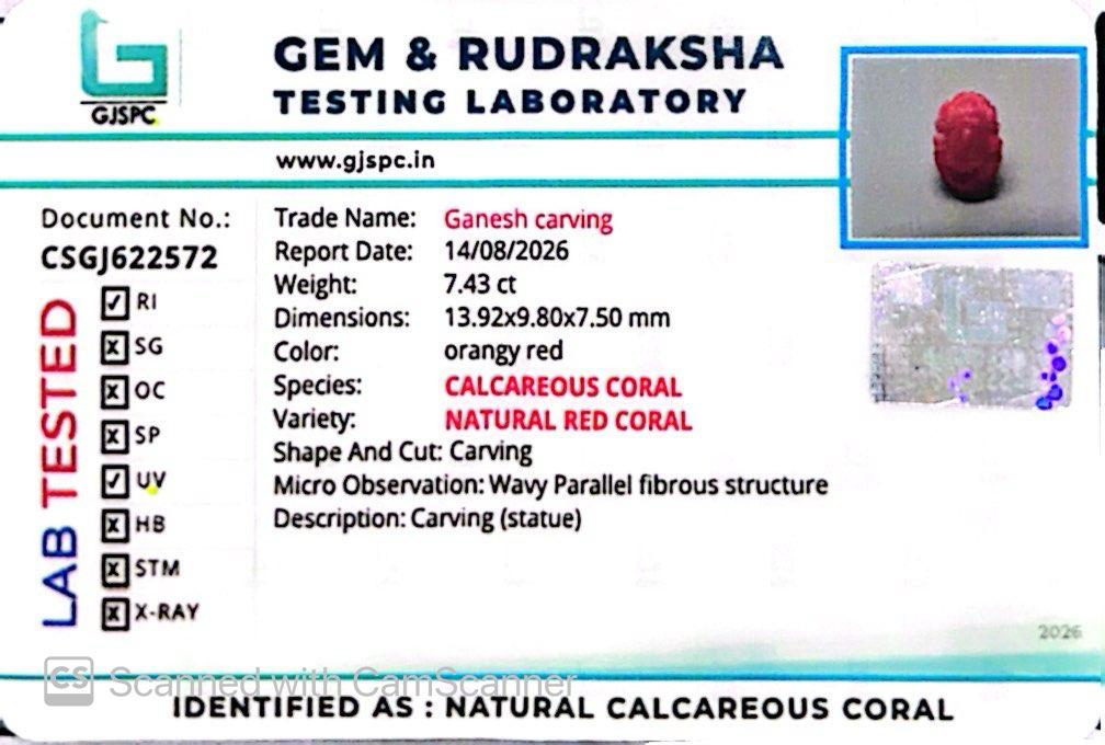 Coral Ganesh 7.43 CT – Certified Gemstone