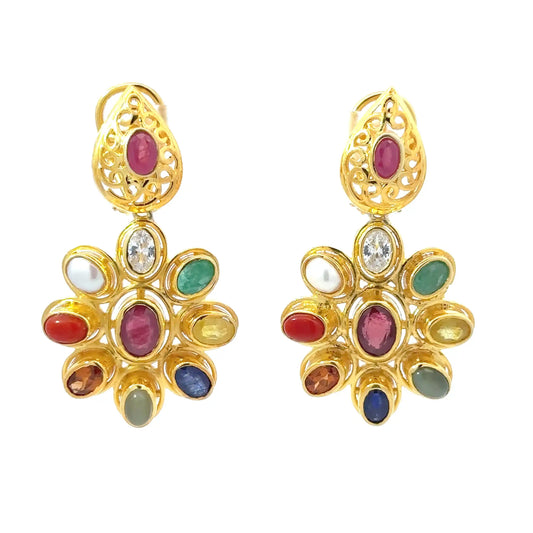 Natural Navratan Silver Earrings – Handcrafted 925 Sterling Silver with 9 Sacred Gemstones