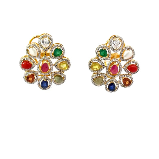 Natural Navratan Silver Earrings – Handcrafted 925 Sterling Silver with 9 Sacred Gemstones
