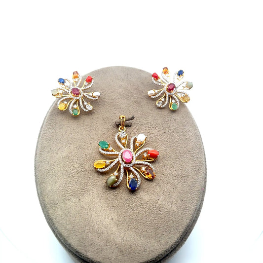 Natural Navratan Silver Pendant Set – 925 Sterling Silver with 9 Sacred Gemstones (Pendant + Earrings)