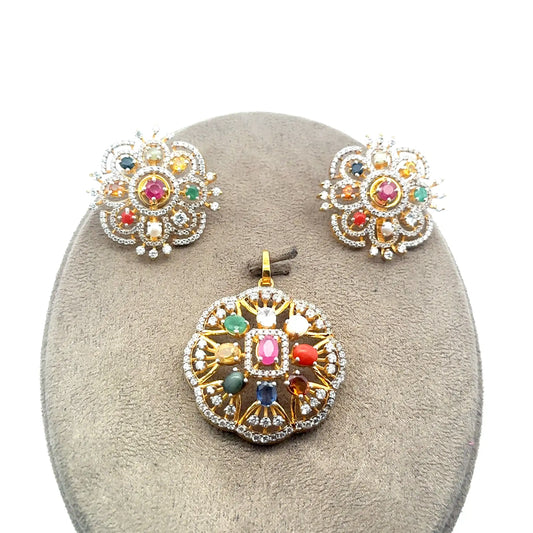 Natural Navratan Silver Pendant Set – 925 Sterling Silver with 9 Sacred Gemstones (Pendant + Earrings)