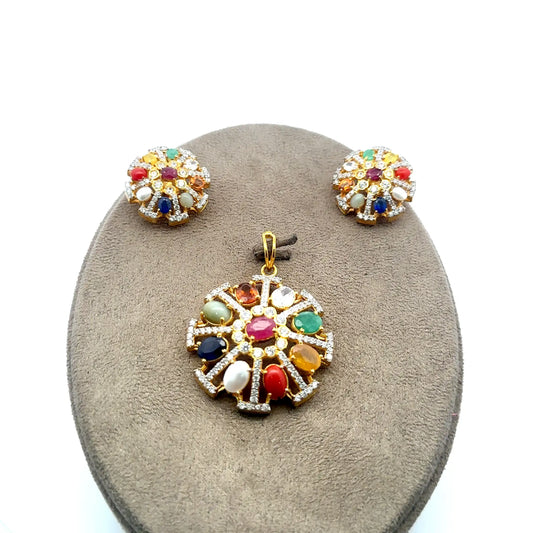 Natural Navratan Silver Pendant Set – 925 Sterling Silver with 9 Sacred Gemstones (Pendant + Earrings)