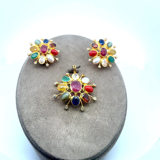 Natural Navratan Silver Pendant Set – 925 Sterling Silver with 9 Sacred Gemstones (Pendant + Earrings)