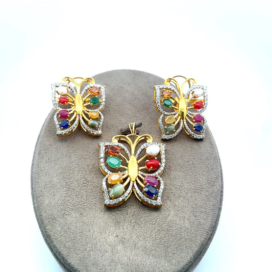 Natural Navratan Silver Pendant Set – 925 Sterling Silver with 9 Sacred Gemstones (Pendant + Earrings)