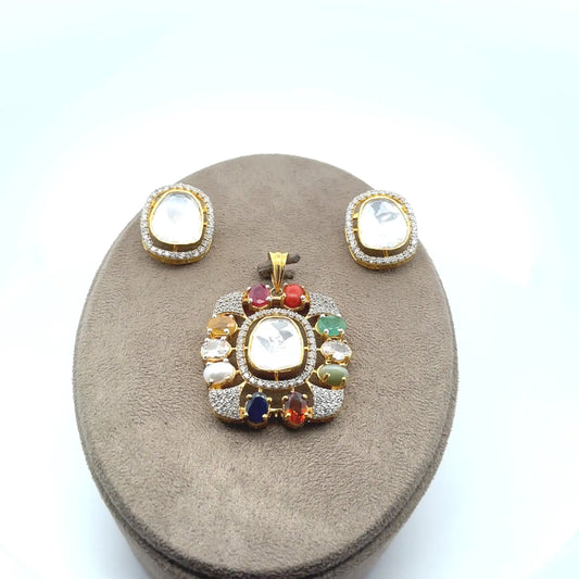 Natural Navratan Silver Pendant Set – 925 Sterling Silver with 9 Sacred Gemstones (Pendant + Earrings)