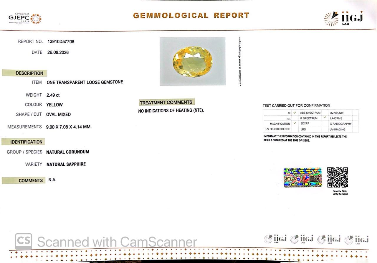 Natural Yellow Sapphire (Pukhraj) 2.49 CT - Certified