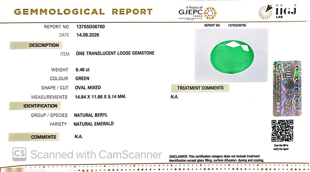 Natural Emerald (Panna) 6.48 Ct โ Certified Premium Gemstone