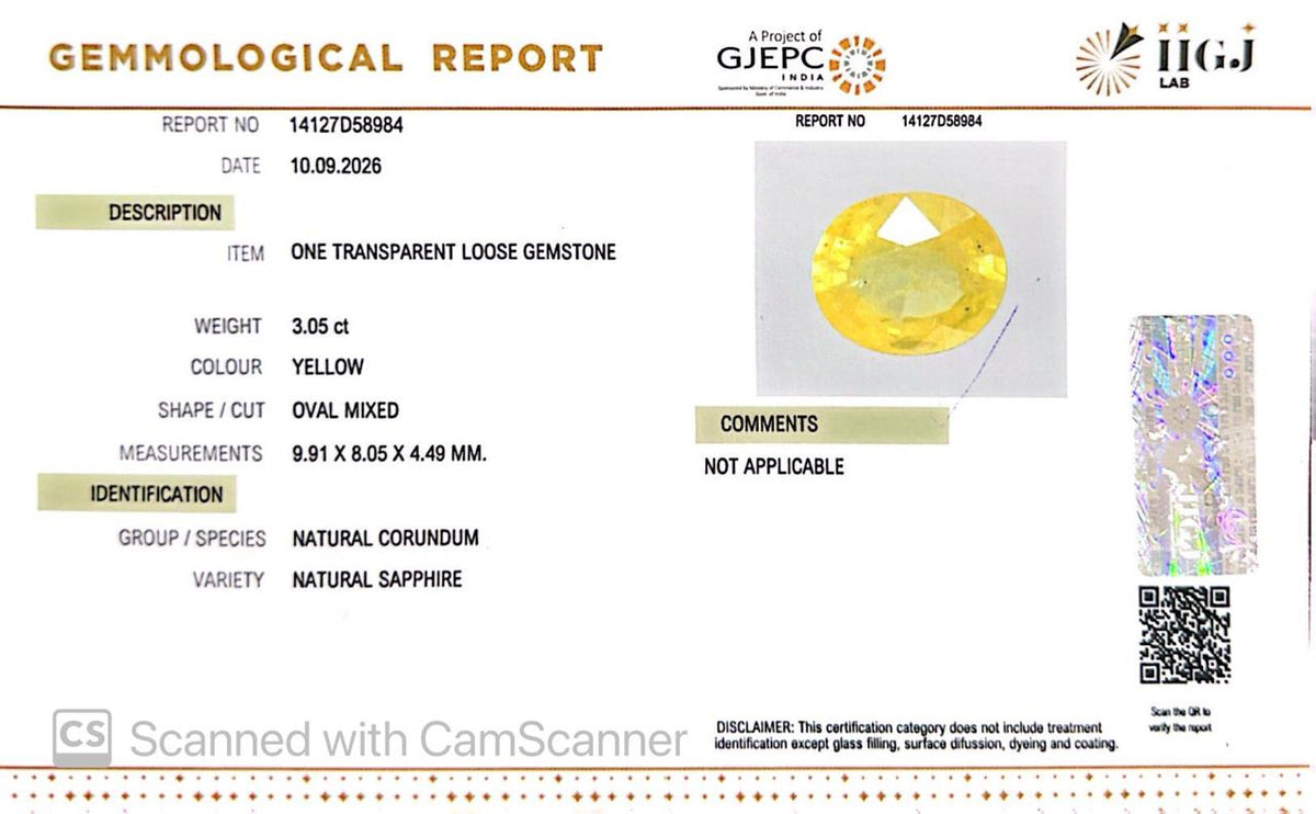 Natural Bangkok Yellow Sapphire (Pukhraj) 3.05 Ct – Certified Gemstone